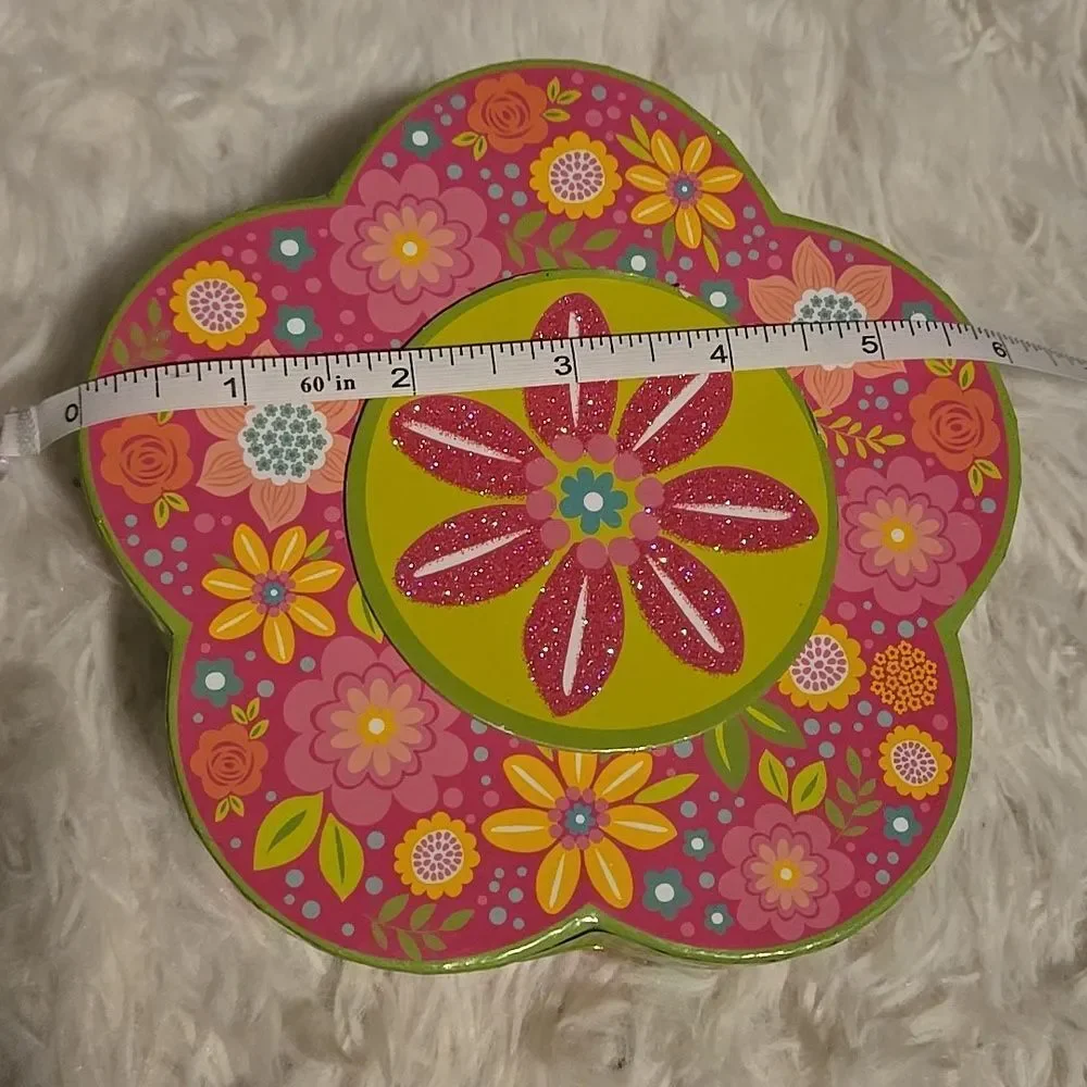 Floral Flower Accessory Box Organizer Pink Green Glitter Trinket Office Mini
